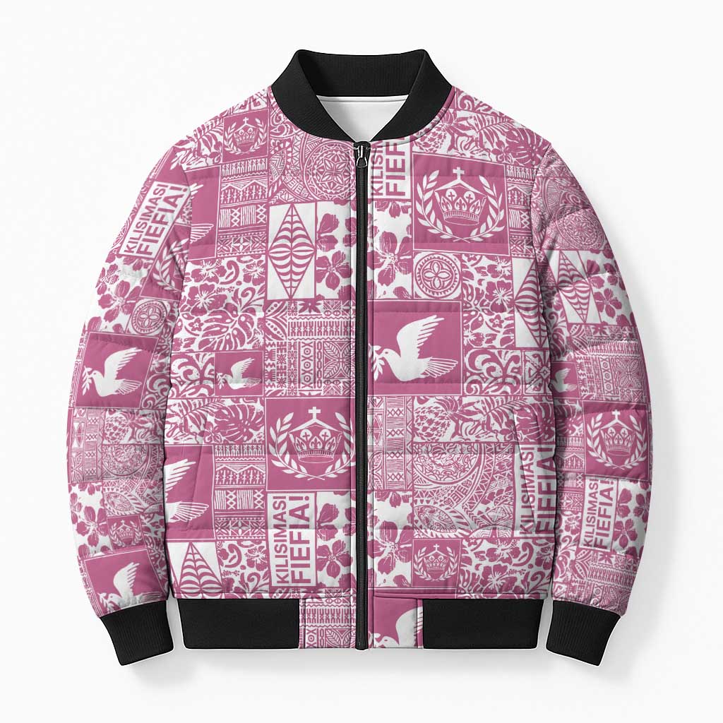 Pink Tonga Kilisimasi Fiefia Bomber Puffer Jacket Pacific Patchwork Xmas Vibes - Polynesian Pride