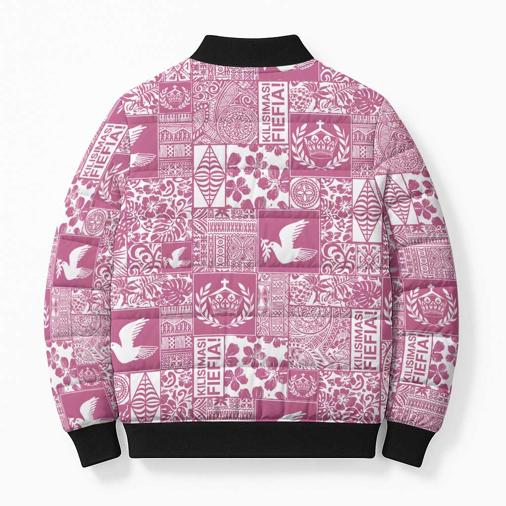Pink Tonga Kilisimasi Fiefia Bomber Puffer Jacket Pacific Patchwork Xmas Vibes - Polynesian Pride