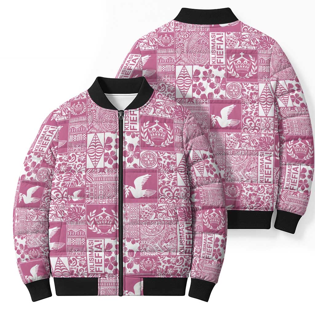 Pink Tonga Kilisimasi Fiefia Bomber Puffer Jacket Pacific Patchwork Xmas Vibes - Polynesian Pride