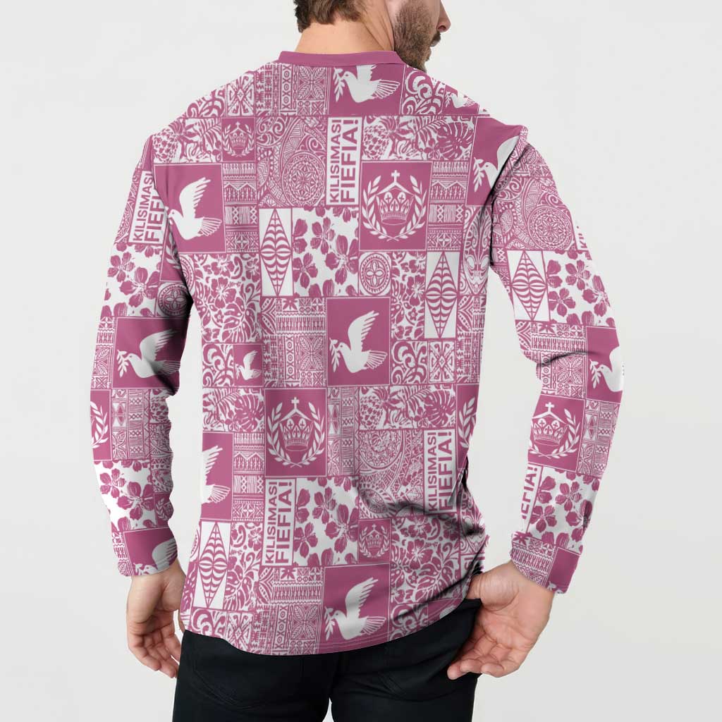 Pink Tonga Kilisimasi Fiefia Button Sweatshirt Pacific Patchwork Xmas Vibes - Polynesian Pride