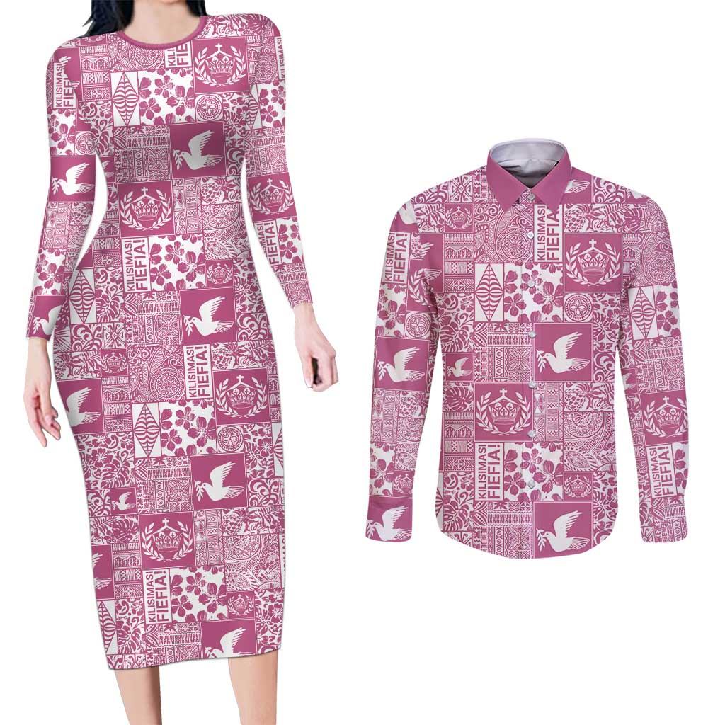 Pink Tonga Kilisimasi Fiefia Couples Matching Long Sleeve Bodycon Dress and Long Sleeve Button Shirt Pacific Patchwork Xmas Vibes - Polynesian Pride