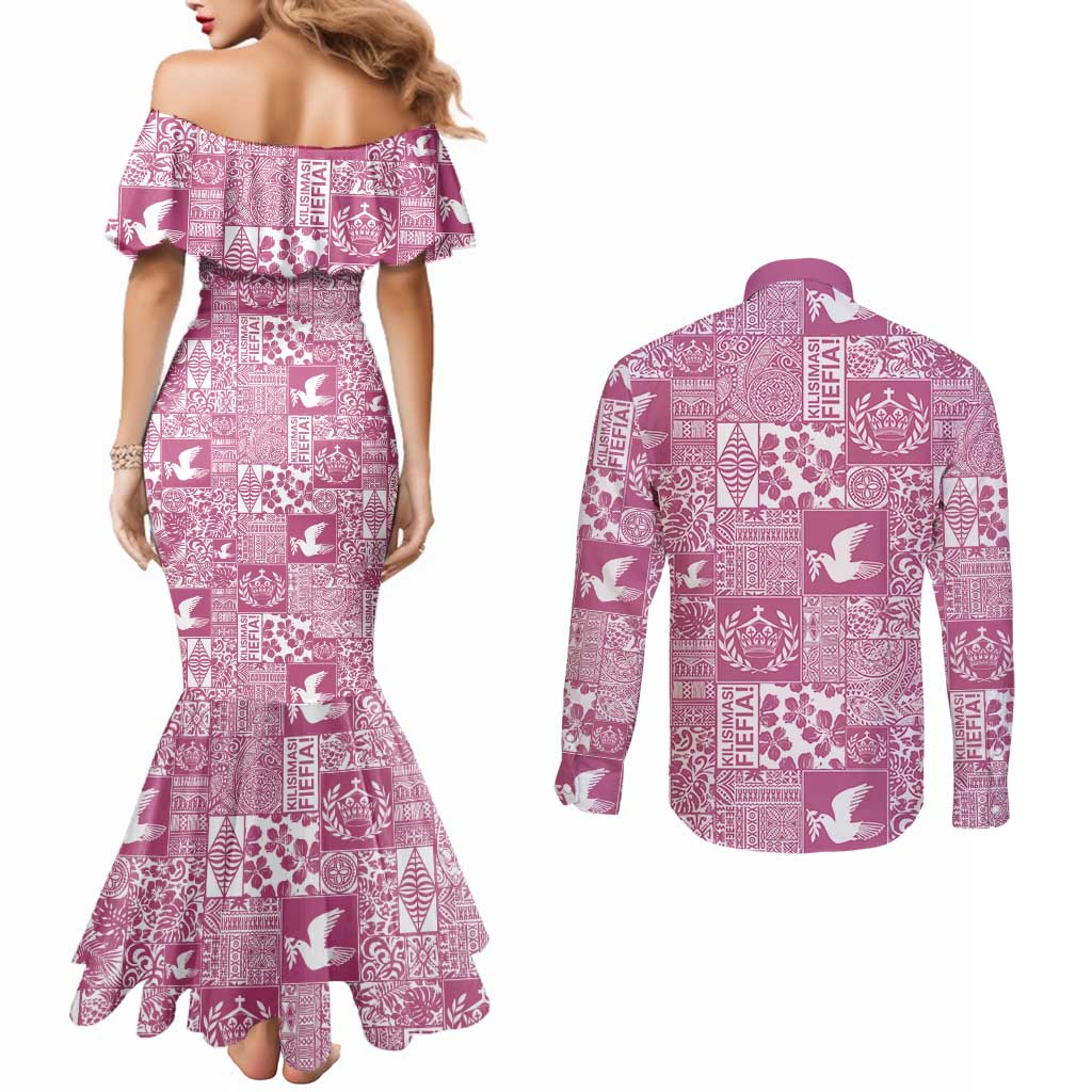 Pink Tonga Kilisimasi Fiefia Couples Matching Mermaid Dress and Long Sleeve Button Shirt Pacific Patchwork Xmas Vibes - Polynesian Pride