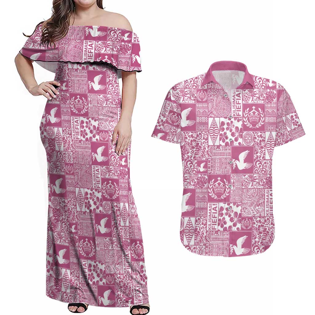 Pink Tonga Kilisimasi Fiefia Couples Matching Off Shoulder Maxi Dress and Hawaiian Shirt Pacific Patchwork Xmas Vibes - Polynesian Pride