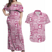 Pink Tonga Kilisimasi Fiefia Couples Matching Off Shoulder Maxi Dress and Hawaiian Shirt Pacific Patchwork Xmas Vibes - Polynesian Pride