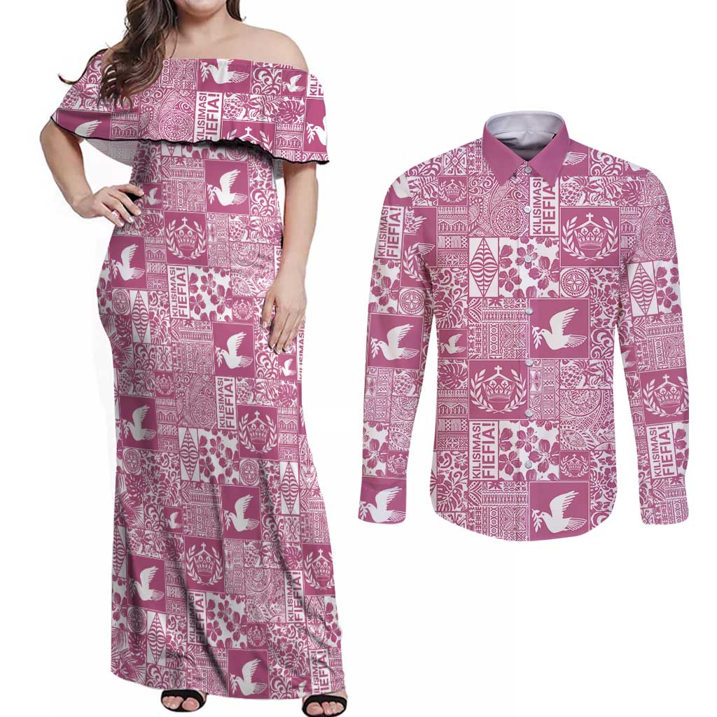 Pink Tonga Kilisimasi Fiefia Couples Matching Off Shoulder Maxi Dress and Long Sleeve Button Shirt Pacific Patchwork Xmas Vibes - Polynesian Pride