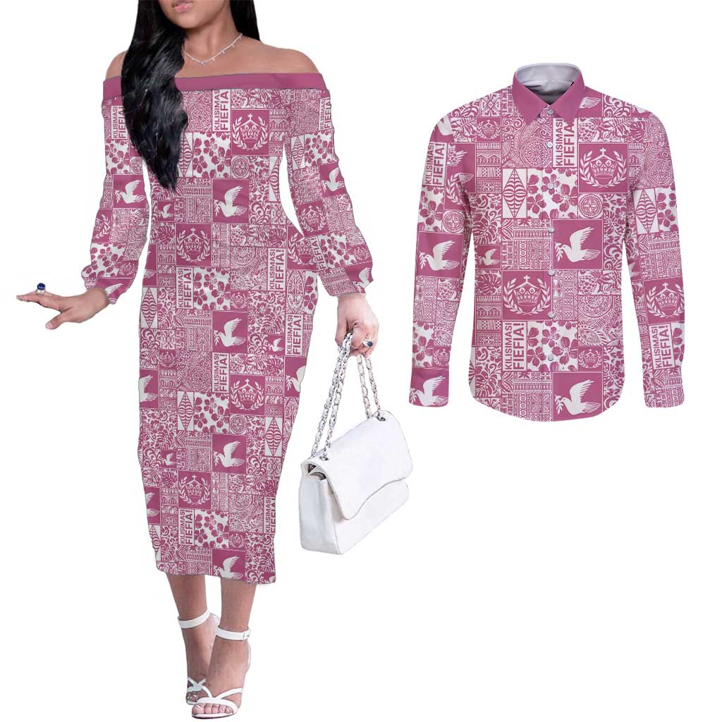 Pink Tonga Kilisimasi Fiefia Couples Matching Off The Shoulder Long Sleeve Dress and Long Sleeve Button Shirt Pacific Patchwork Xmas Vibes - Polynesian Pride