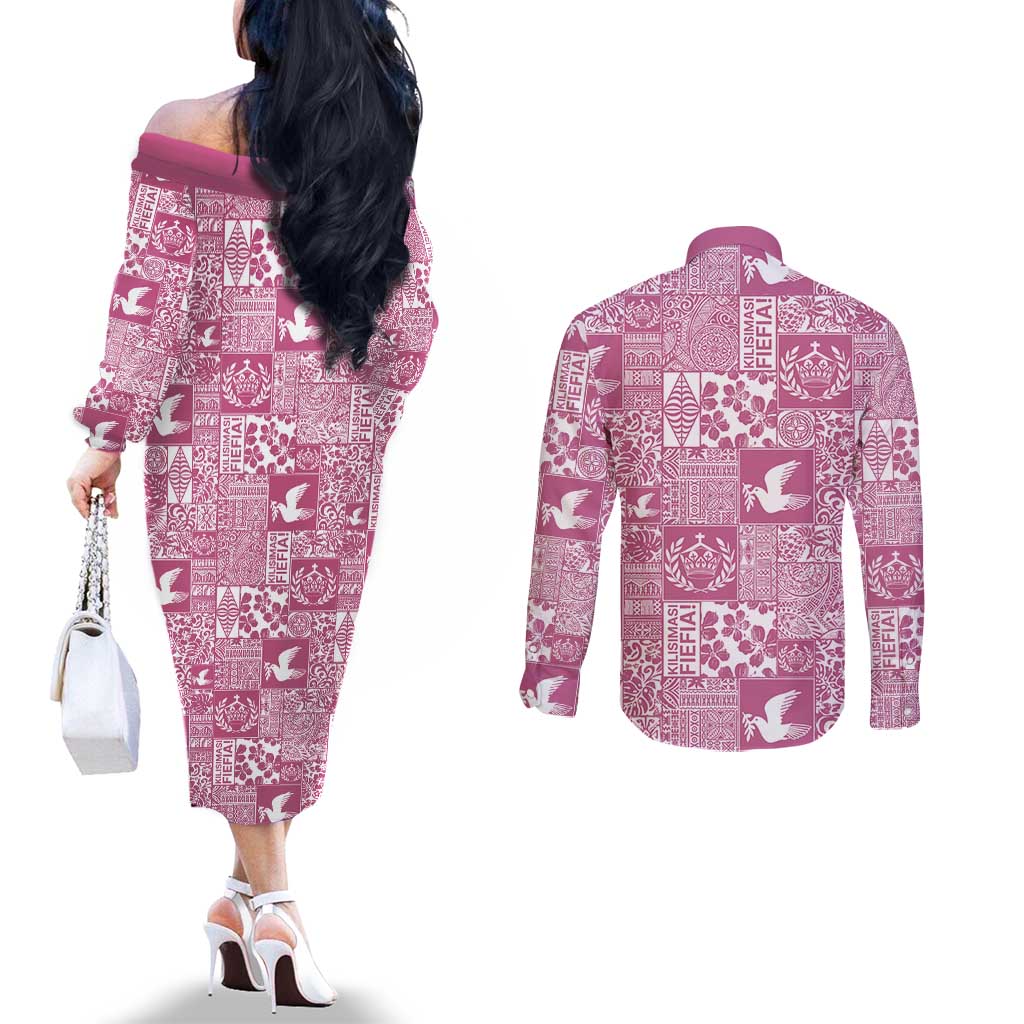Pink Tonga Kilisimasi Fiefia Couples Matching Off The Shoulder Long Sleeve Dress and Long Sleeve Button Shirt Pacific Patchwork Xmas Vibes - Polynesian Pride