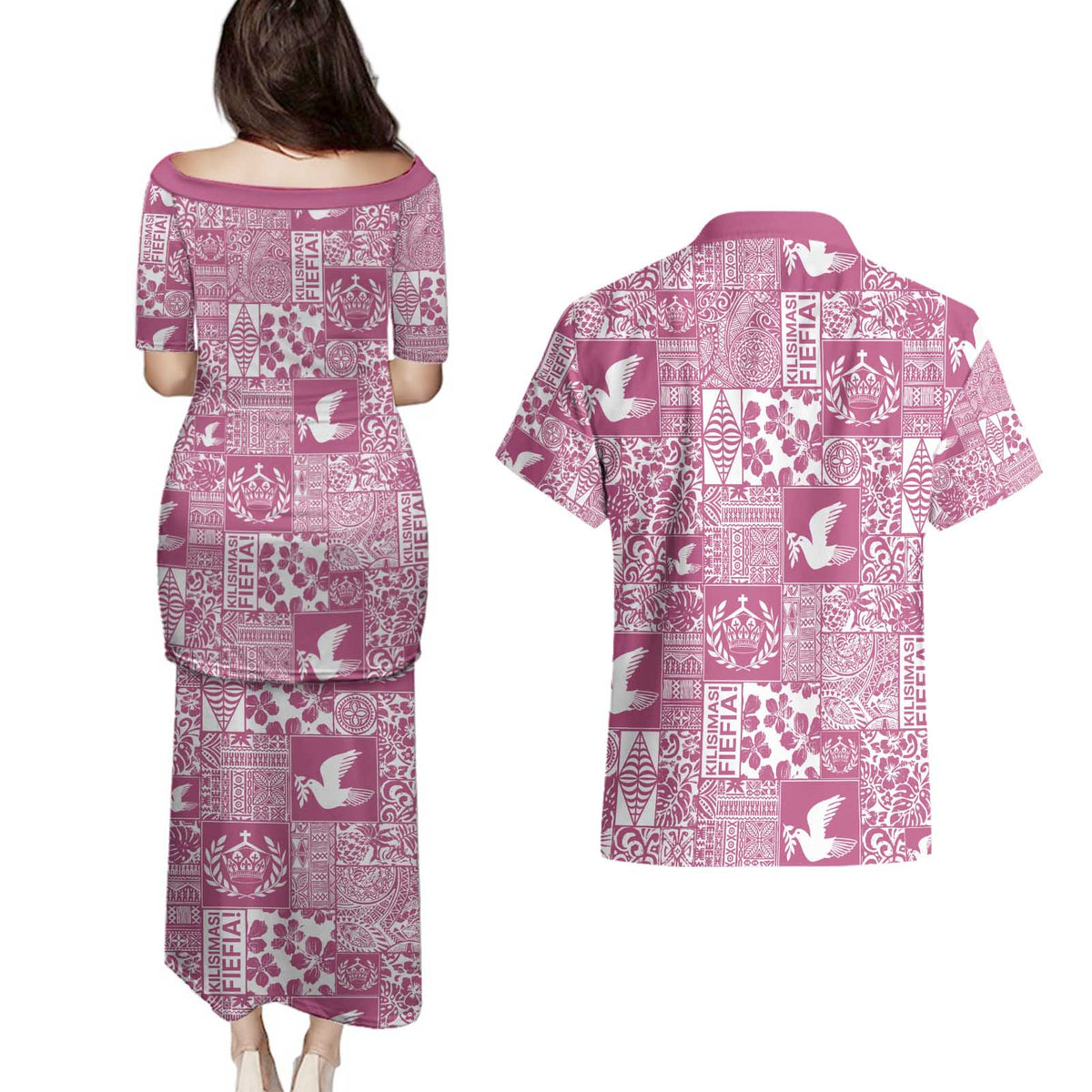Pink Tonga Kilisimasi Fiefia Couples Matching Puletasi and Hawaiian Shirt Pacific Patchwork Xmas Vibes - Polynesian Pride