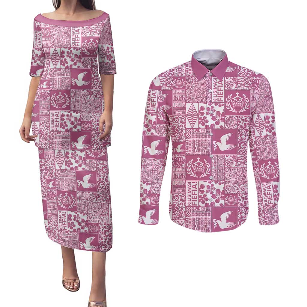 Pink Tonga Kilisimasi Fiefia Couples Matching Puletasi and Long Sleeve Button Shirt Pacific Patchwork Xmas Vibes - Polynesian Pride