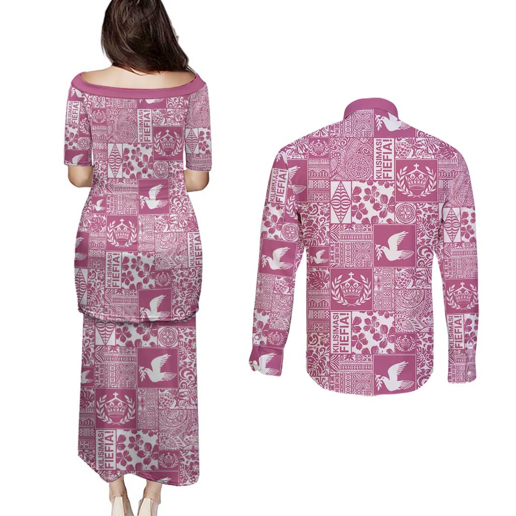 Pink Tonga Kilisimasi Fiefia Couples Matching Puletasi and Long Sleeve Button Shirt Pacific Patchwork Xmas Vibes - Polynesian Pride