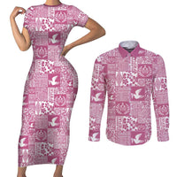 Pink Tonga Kilisimasi Fiefia Couples Matching Short Sleeve Bodycon Dress and Long Sleeve Button Shirt Pacific Patchwork Xmas Vibes - Polynesian Pride