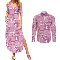 Pink Tonga Kilisimasi Fiefia Couples Matching Summer Maxi Dress and Long Sleeve Button Shirt Pacific Patchwork Xmas Vibes - Polynesian Pride