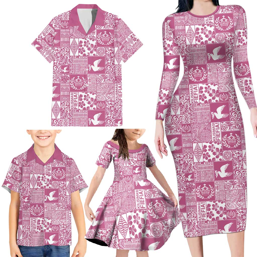 Pink Tonga Kilisimasi Fiefia Family Matching Long Sleeve Bodycon Dress and Hawaiian Shirt Pacific Patchwork Xmas Vibes - Polynesian Pride
