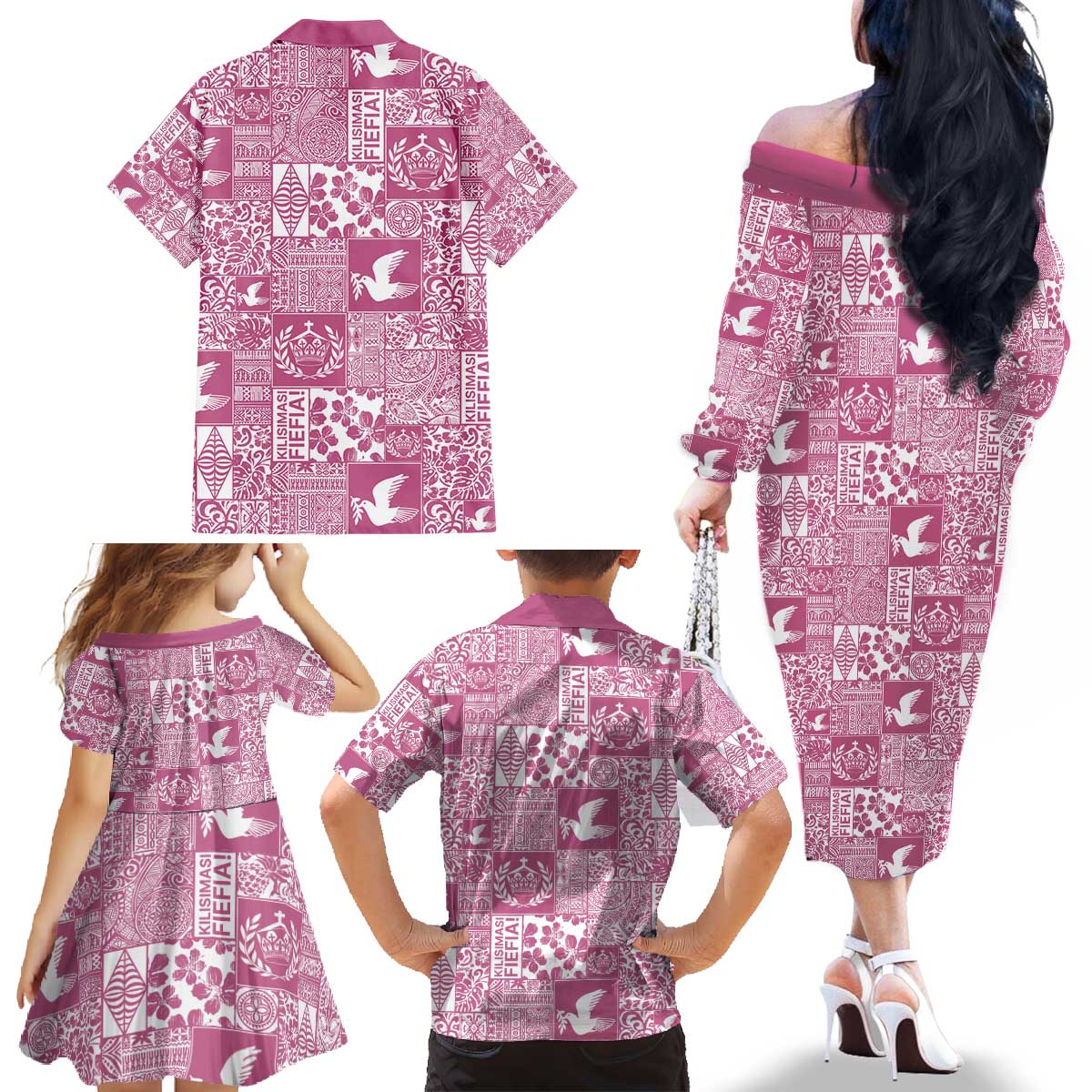 Pink Tonga Kilisimasi Fiefia Family Matching Off The Shoulder Long Sleeve Dress and Hawaiian Shirt Pacific Patchwork Xmas Vibes - Polynesian Pride