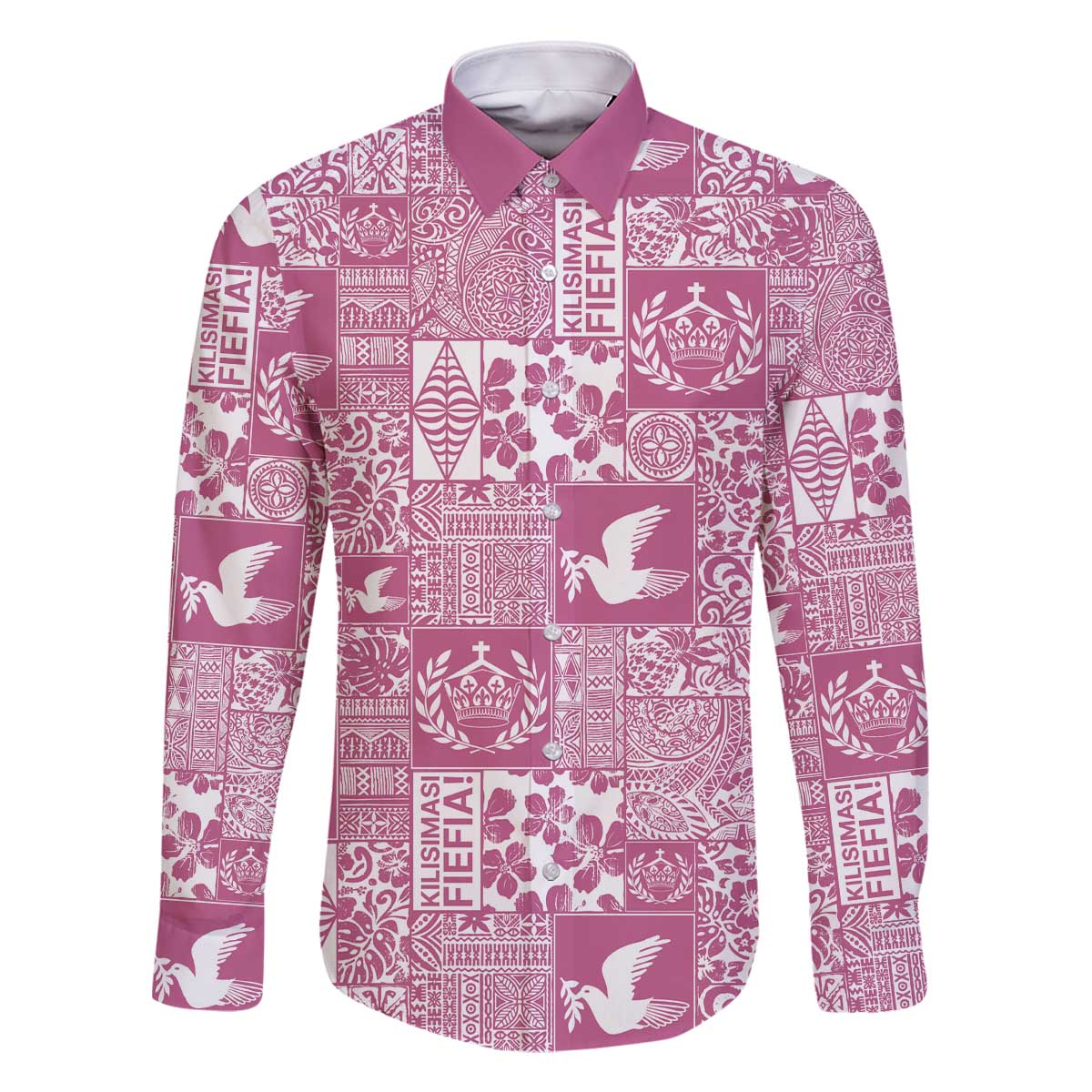 Pink Tonga Kilisimasi Fiefia Family Matching Off The Shoulder Long Sleeve Dress and Hawaiian Shirt Pacific Patchwork Xmas Vibes - Polynesian Pride