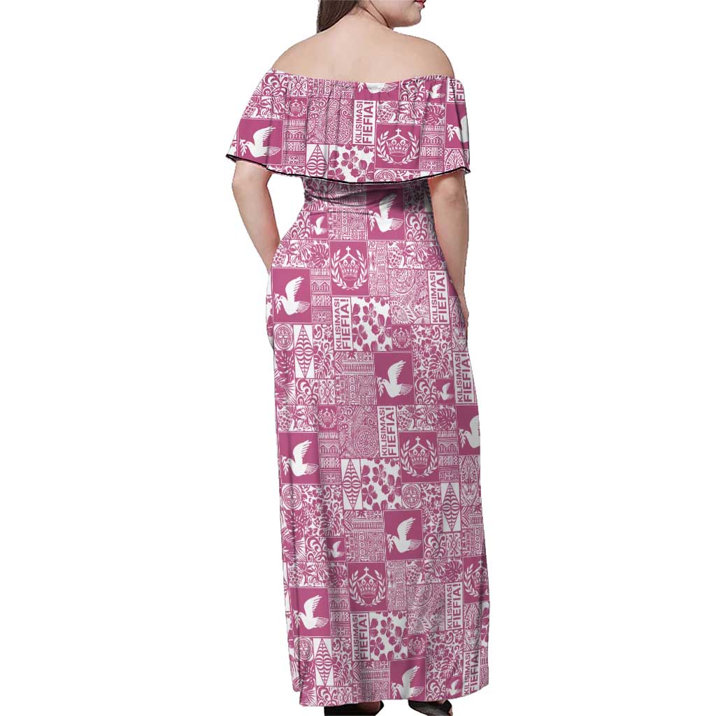 Pink Tonga Kilisimasi Fiefia Family Matching Off Shoulder Maxi Dress and Hawaiian Shirt Pacific Patchwork Xmas Vibes - Polynesian Pride