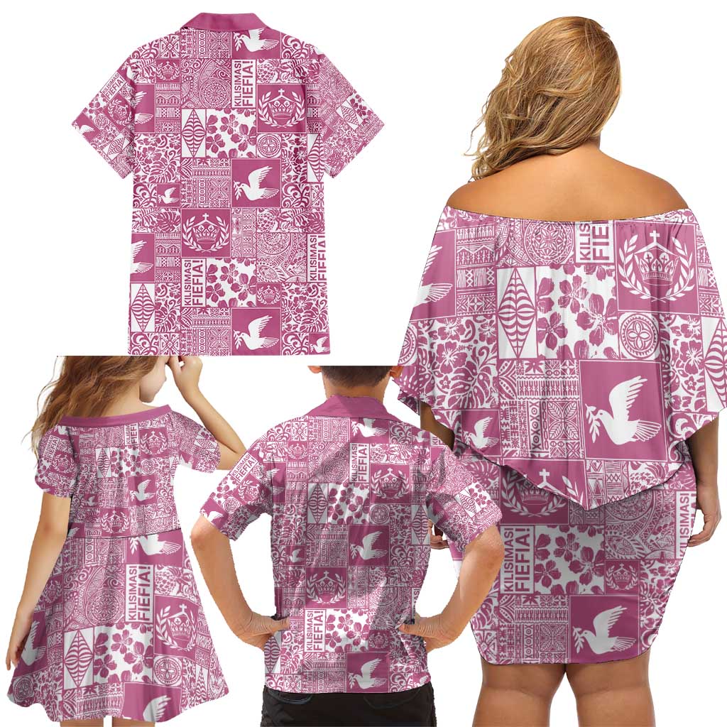 Pink Tonga Kilisimasi Fiefia Family Matching Off Shoulder Short Dress and Hawaiian Shirt Pacific Patchwork Xmas Vibes - Polynesian Pride