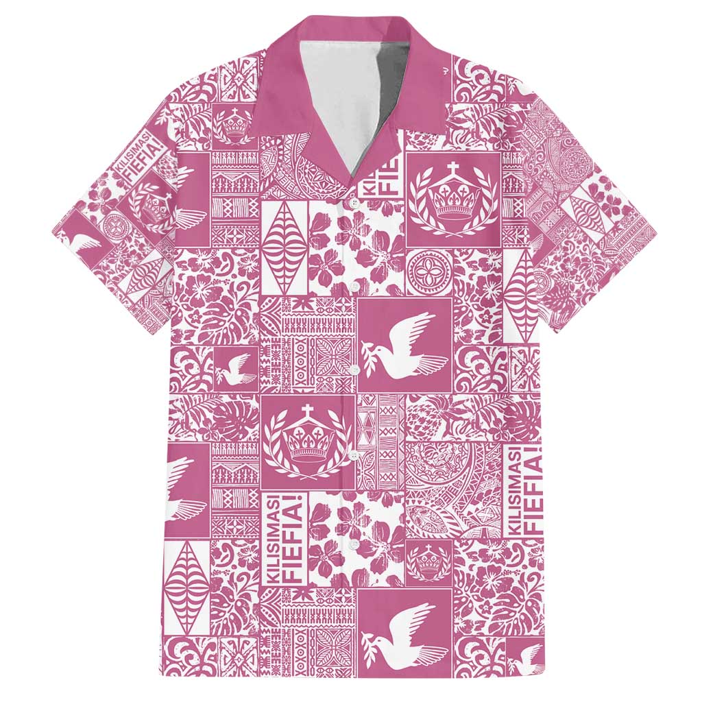 Pink Tonga Kilisimasi Fiefia Family Matching Off Shoulder Short Dress and Hawaiian Shirt Pacific Patchwork Xmas Vibes - Polynesian Pride