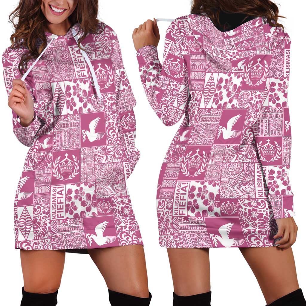 Pink Tonga Kilisimasi Fiefia Hoodie Dress Pacific Patchwork Xmas Vibes - Polynesian Pride