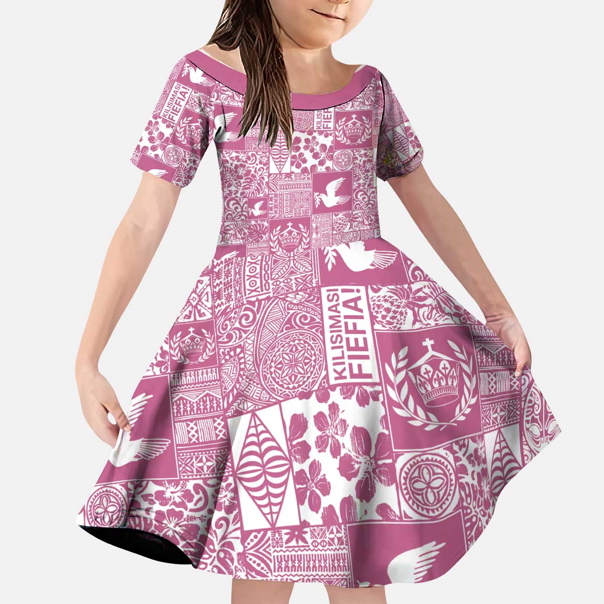 Pink Tonga Kilisimasi Fiefia Kid Short Sleeve Dress Pacific Patchwork Xmas Vibes - Polynesian Pride