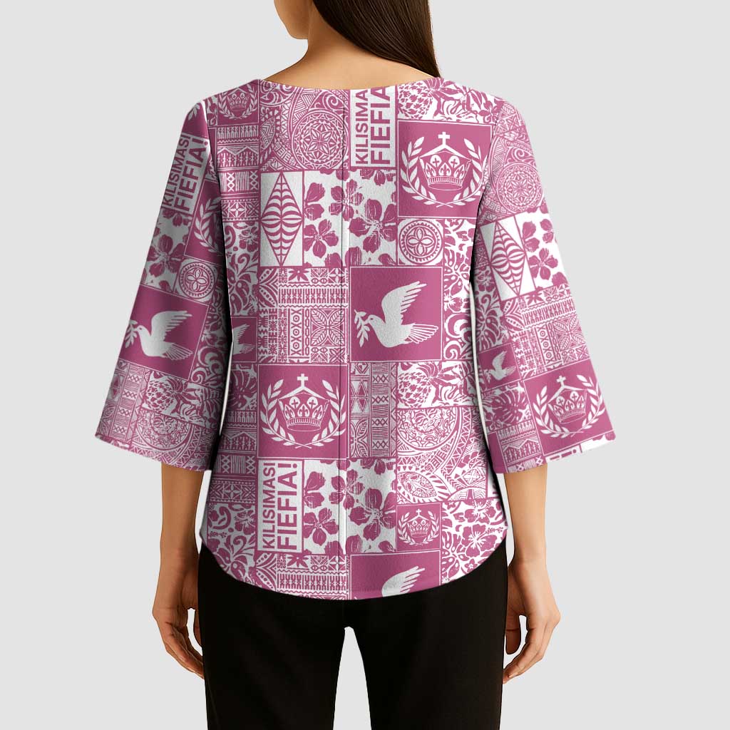 Pink Tonga Kilisimasi Fiefia Kimono Sleeve Blouse Pacific Patchwork Xmas Vibes - Polynesian Pride