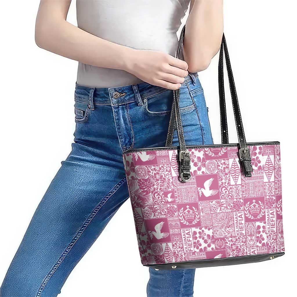 Pink Tonga Kilisimasi Fiefia Leather Tote Bag Pacific Patchwork Xmas Vibes - Polynesian Pride