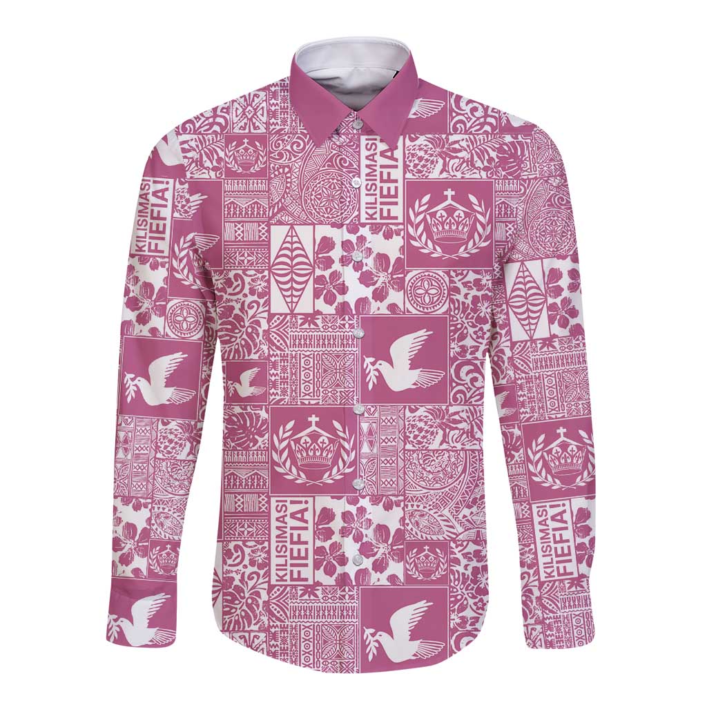 Pink Tonga Kilisimasi Fiefia Long Sleeve Button Shirt Pacific Patchwork Xmas Vibes - Polynesian Pride