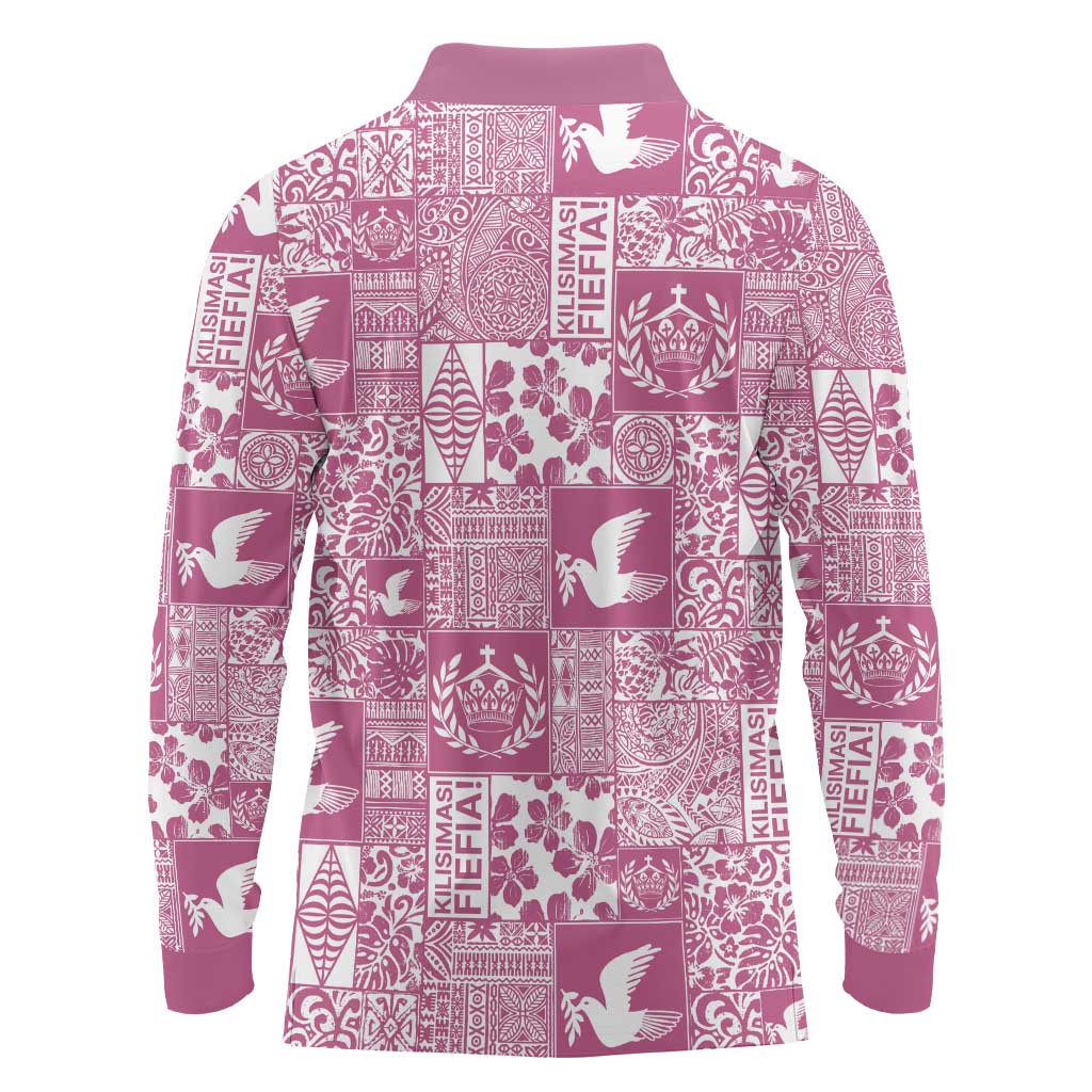 Pink Tonga Kilisimasi Fiefia Long Sleeve Polo Shirt Pacific Patchwork Xmas Vibes - Polynesian Pride