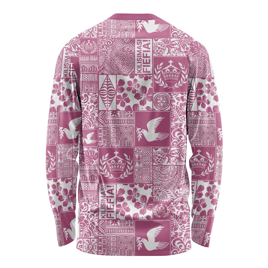 Pink Tonga Kilisimasi Fiefia Long Sleeve Shirt Pacific Patchwork Xmas Vibes - Polynesian Pride