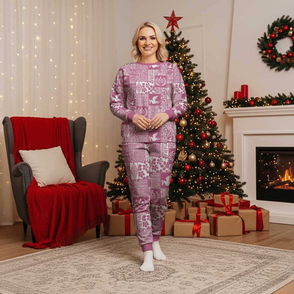 Pink Tonga Kilisimasi Fiefia Christmas Pajama Set Pacific Patchwork Xmas Vibes - Polynesian Pride