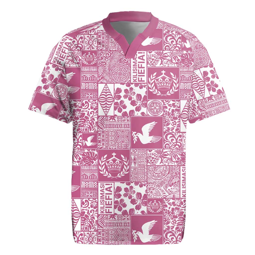 Pink Tonga Kilisimasi Fiefia Rugby Jersey Pacific Patchwork Xmas Vibes - Polynesian Pride