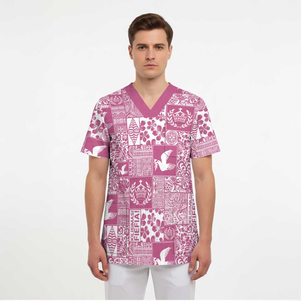 Pink Tonga Kilisimasi Fiefia Scrub Top Pacific Patchwork Xmas Vibes - Polynesian Pride