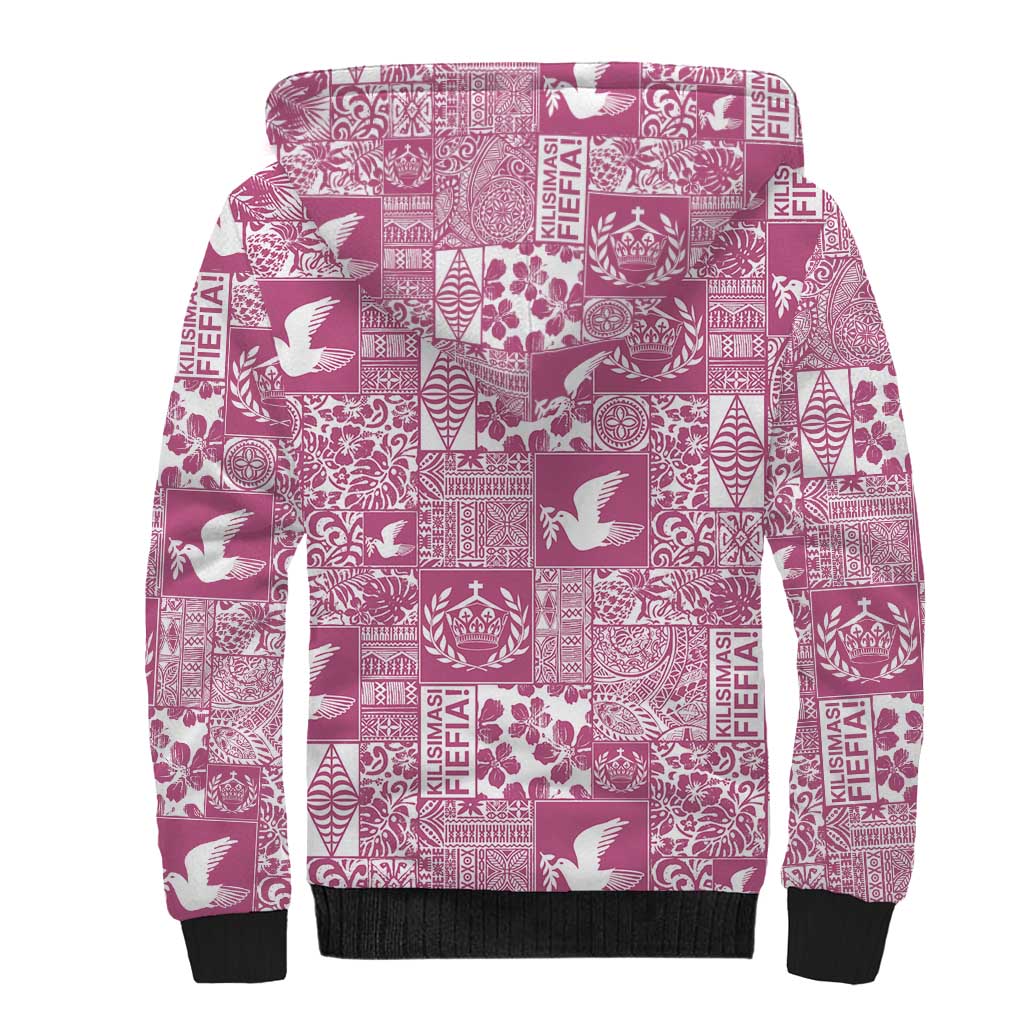 Pink Tonga Kilisimasi Fiefia Sherpa Hoodie Pacific Patchwork Xmas Vibes - Polynesian Pride