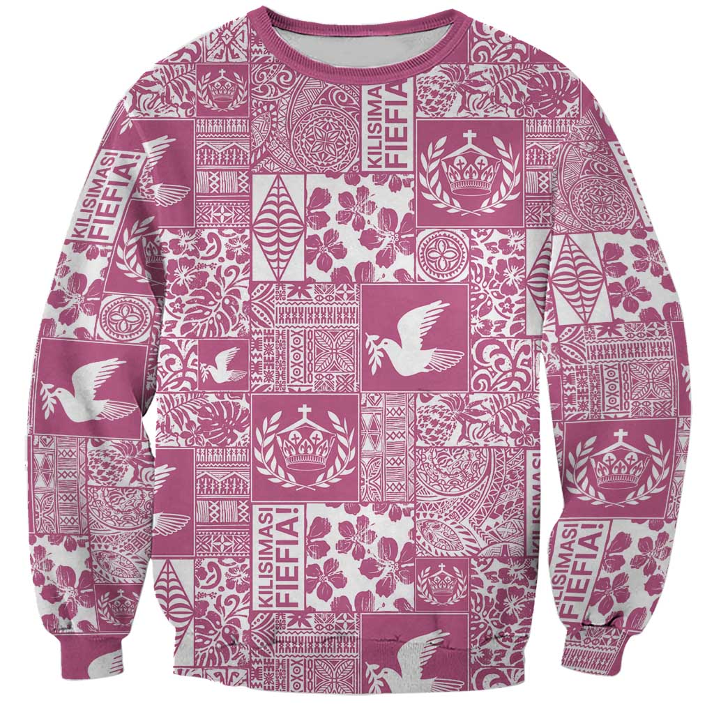 Pink Tonga Kilisimasi Fiefia Sweatshirt Pacific Patchwork Xmas Vibes - Polynesian Pride