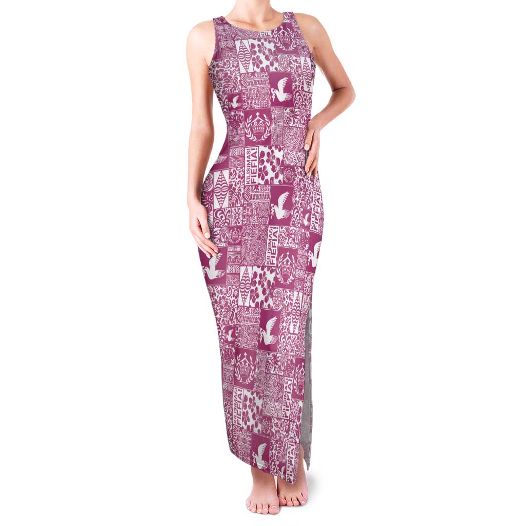 Pink Tonga Kilisimasi Fiefia Tank Maxi Dress Pacific Patchwork Xmas Vibes - Polynesian Pride