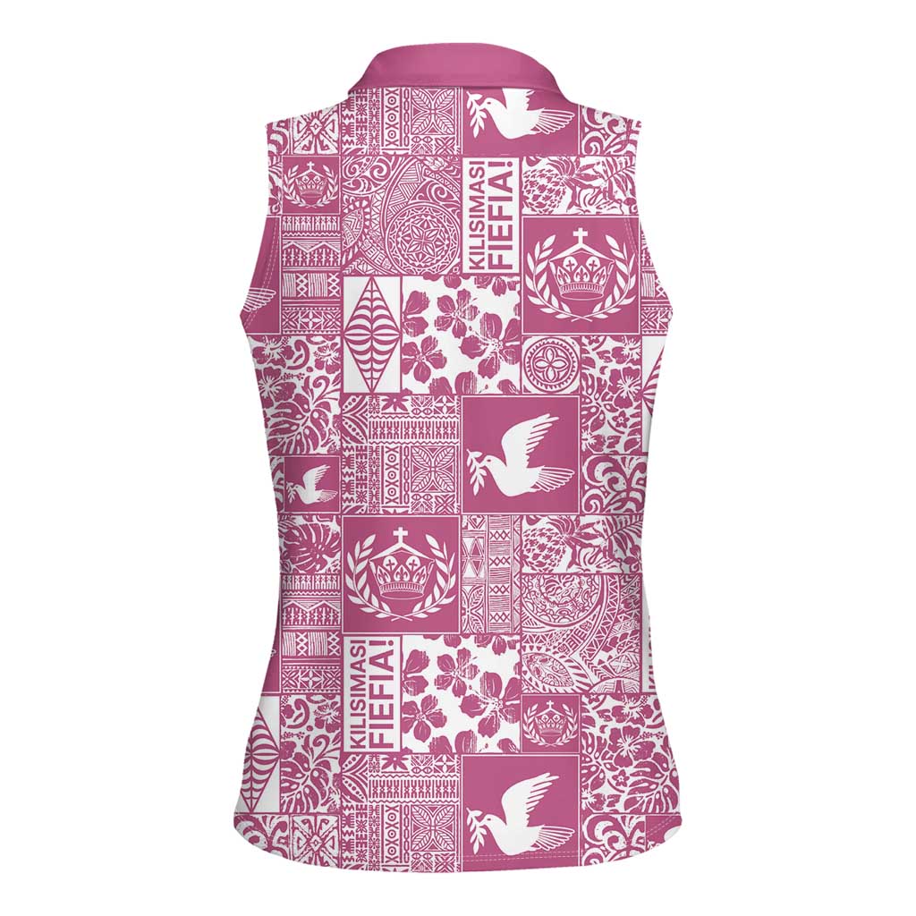 Pink Tonga Kilisimasi Fiefia Women Sleeveless Polo Shirt Pacific Patchwork Xmas Vibes - Polynesian Pride