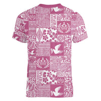 Pink Tonga Kilisimasi Fiefia Women V-Neck T-Shirt Pacific Patchwork Xmas Vibes - Polynesian Pride
