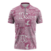 Pink Tonga Kilisimasi Fiefia Zipper Polo Shirt Pacific Patchwork Xmas Vibes - Polynesian Pride