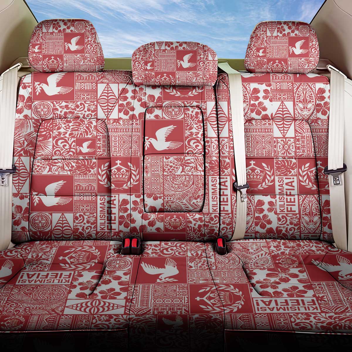 Red Tonga Kilisimasi Fiefia Back Car Seat Cover Pacific Patchwork Xmas Vibes - Polynesian Pride