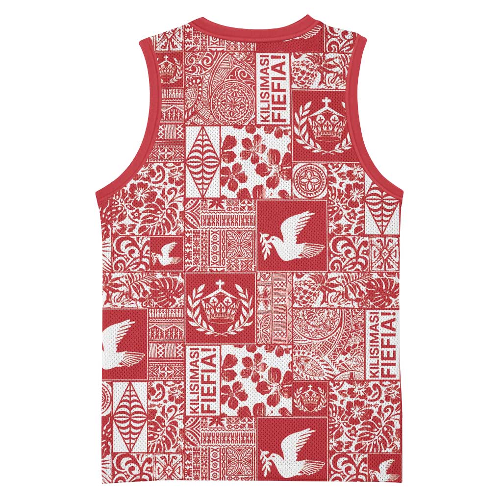 Red Tonga Kilisimasi Fiefia Basketball Jersey Pacific Patchwork Xmas Vibes - Polynesian Pride