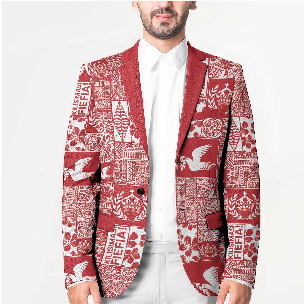 Red Tonga Kilisimasi Fiefia Blazer Pacific Patchwork Xmas Vibes - Polynesian Pride