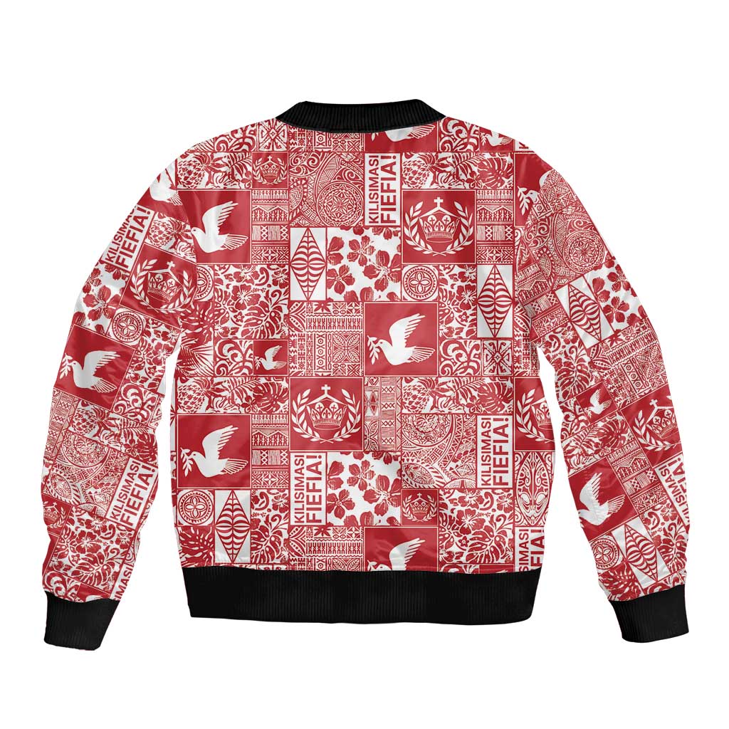 Red Tonga Kilisimasi Fiefia Bomber Jacket Pacific Patchwork Xmas Vibes - Polynesian Pride