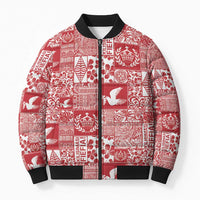 Red Tonga Kilisimasi Fiefia Bomber Puffer Jacket Pacific Patchwork Xmas Vibes - Polynesian Pride