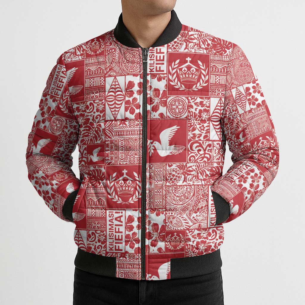 Red Tonga Kilisimasi Fiefia Bomber Puffer Jacket Pacific Patchwork Xmas Vibes - Polynesian Pride