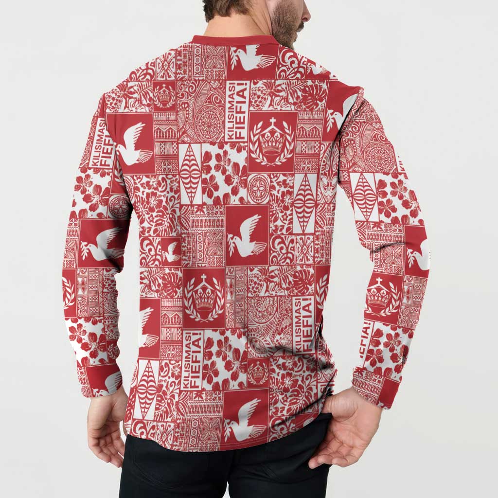 Red Tonga Kilisimasi Fiefia Button Sweatshirt Pacific Patchwork Xmas Vibes - Polynesian Pride