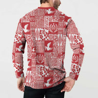 Red Tonga Kilisimasi Fiefia Button Sweatshirt Pacific Patchwork Xmas Vibes - Polynesian Pride