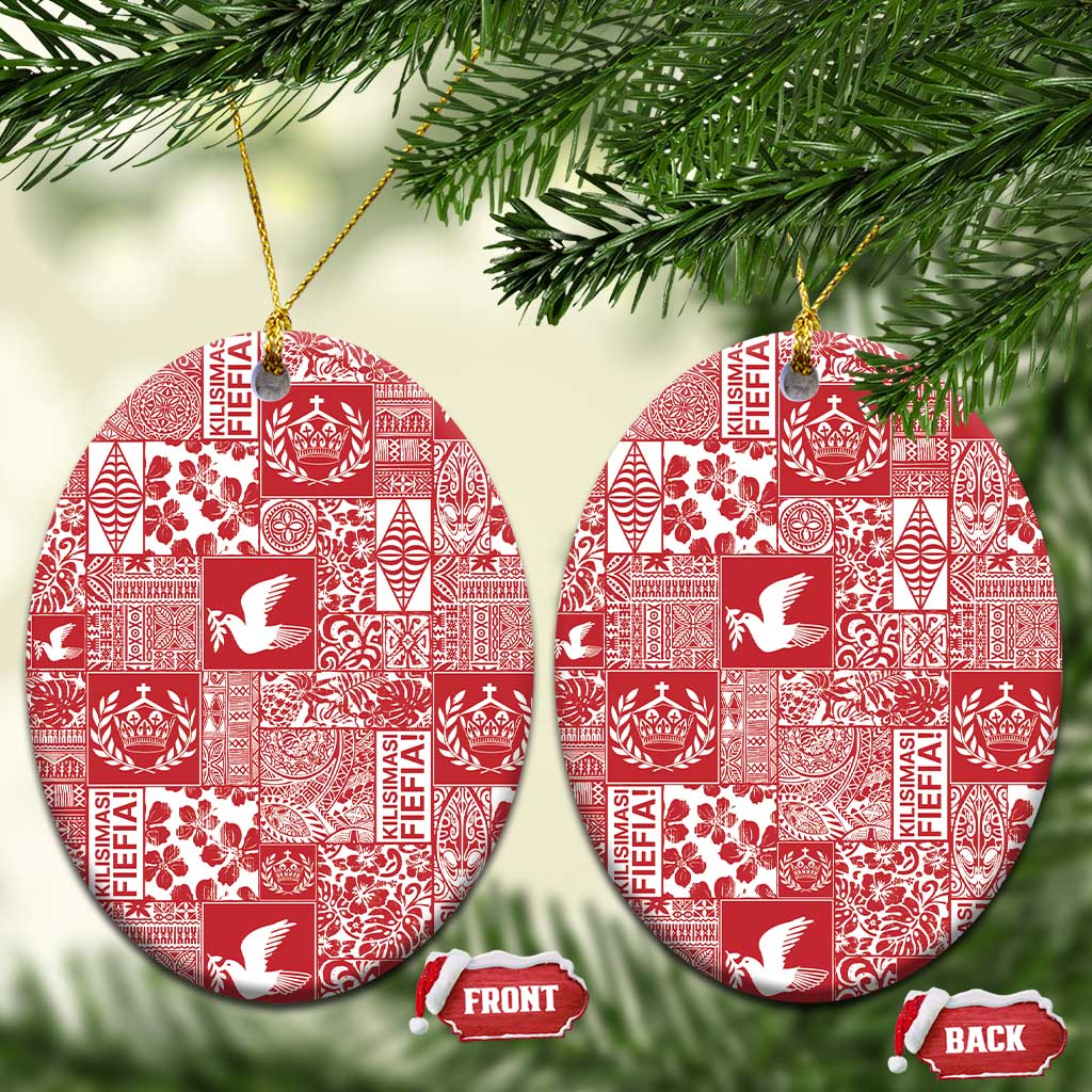 Red Tonga Kilisimasi Fiefia Ceramic Ornament Pacific Patchwork Xmas Vibes - Polynesian Pride