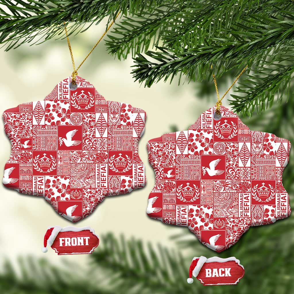 Red Tonga Kilisimasi Fiefia Ceramic Ornament Pacific Patchwork Xmas Vibes - Polynesian Pride