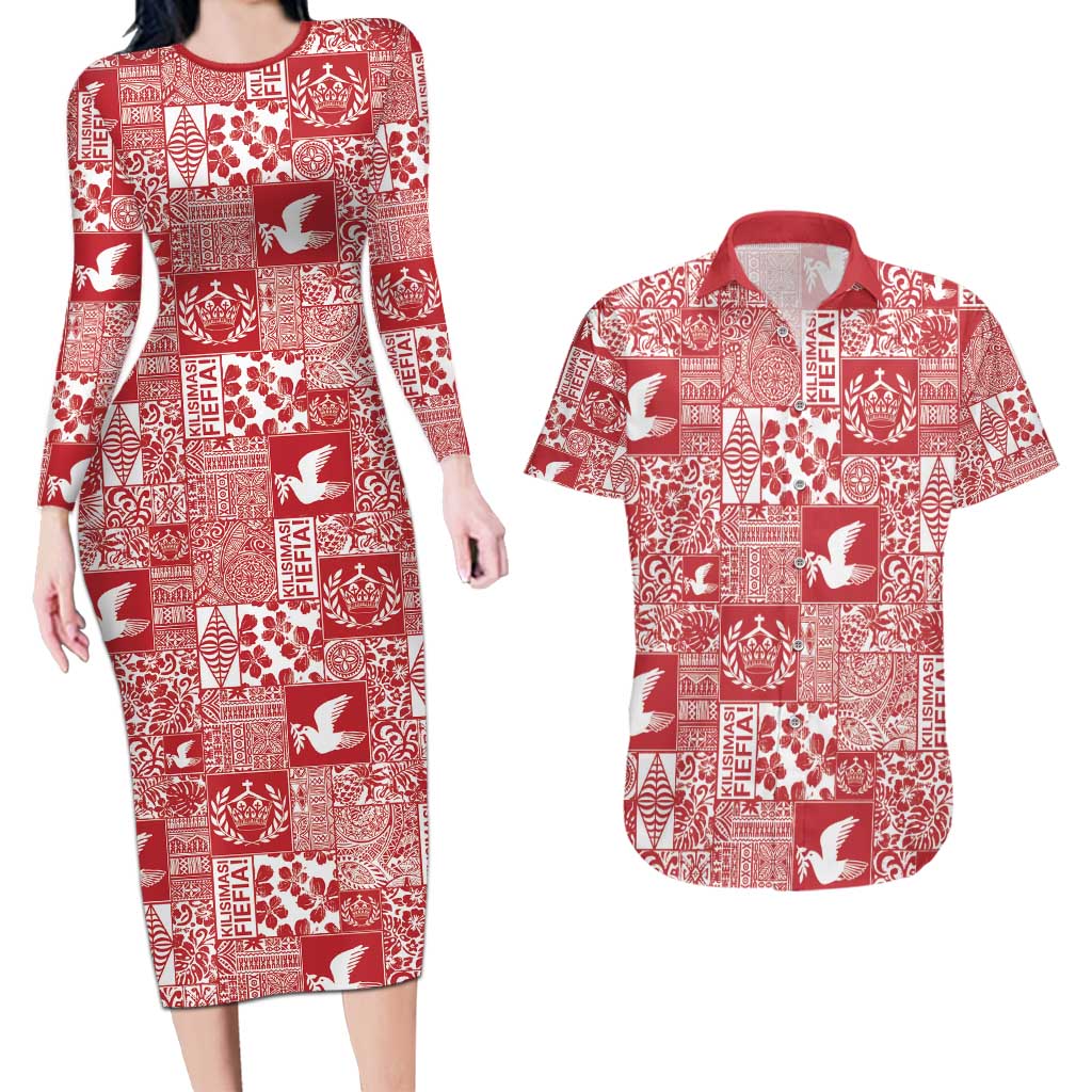 Red Tonga Kilisimasi Fiefia Couples Matching Long Sleeve Bodycon Dress and Hawaiian Shirt Pacific Patchwork Xmas Vibes - Polynesian Pride