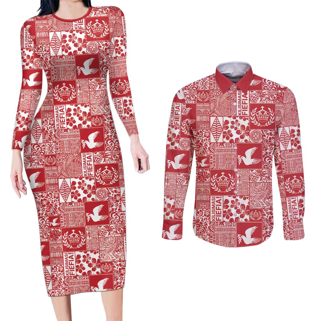 Red Tonga Kilisimasi Fiefia Couples Matching Long Sleeve Bodycon Dress and Long Sleeve Button Shirt Pacific Patchwork Xmas Vibes - Polynesian Pride